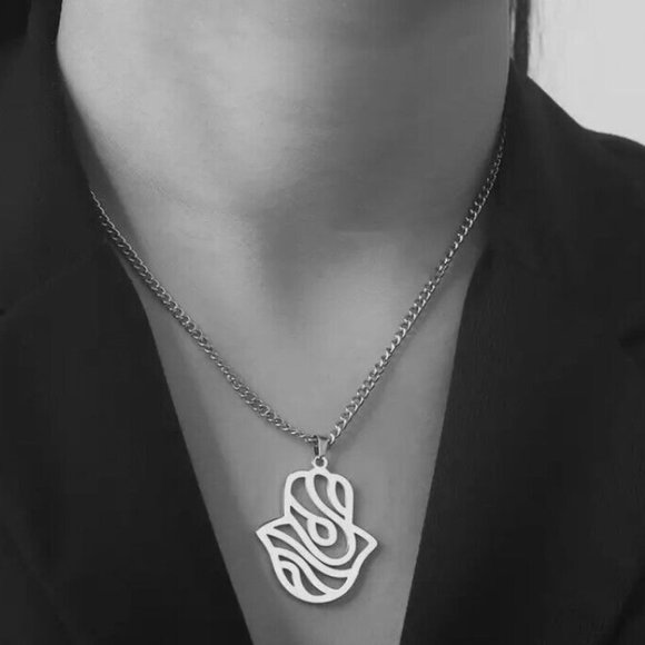 Hamsa Hand Pendant Necklace Kabbalah Amulet - Modern Good Luck Symbol Jewelry - Picture 2 of 6